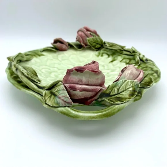 Vintage Majolica Pottery Platter 12” Green Leaves Pink Capodimonte Raised Roses - Picture 12 of 16